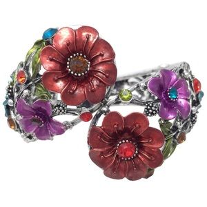 Multicolor Flowers Rhinestone Silver Chunky Statement Hinged Bangle Bracelet